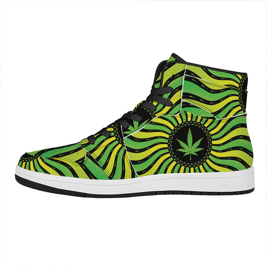 Psychedelic Cannabis Leaf Print High Top Leather Sneakers