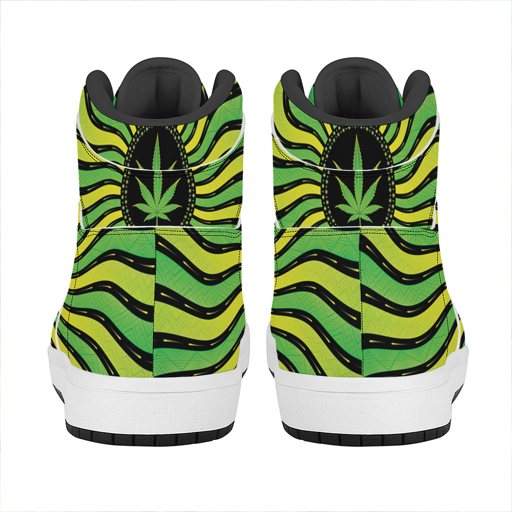 Psychedelic Cannabis Leaf Print High Top Leather Sneakers