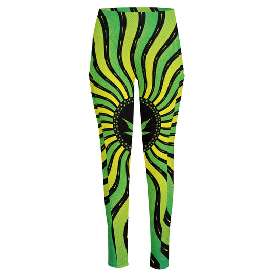 Psychedelic Cannabis Leaf Print High-Waisted Pocket Leggings