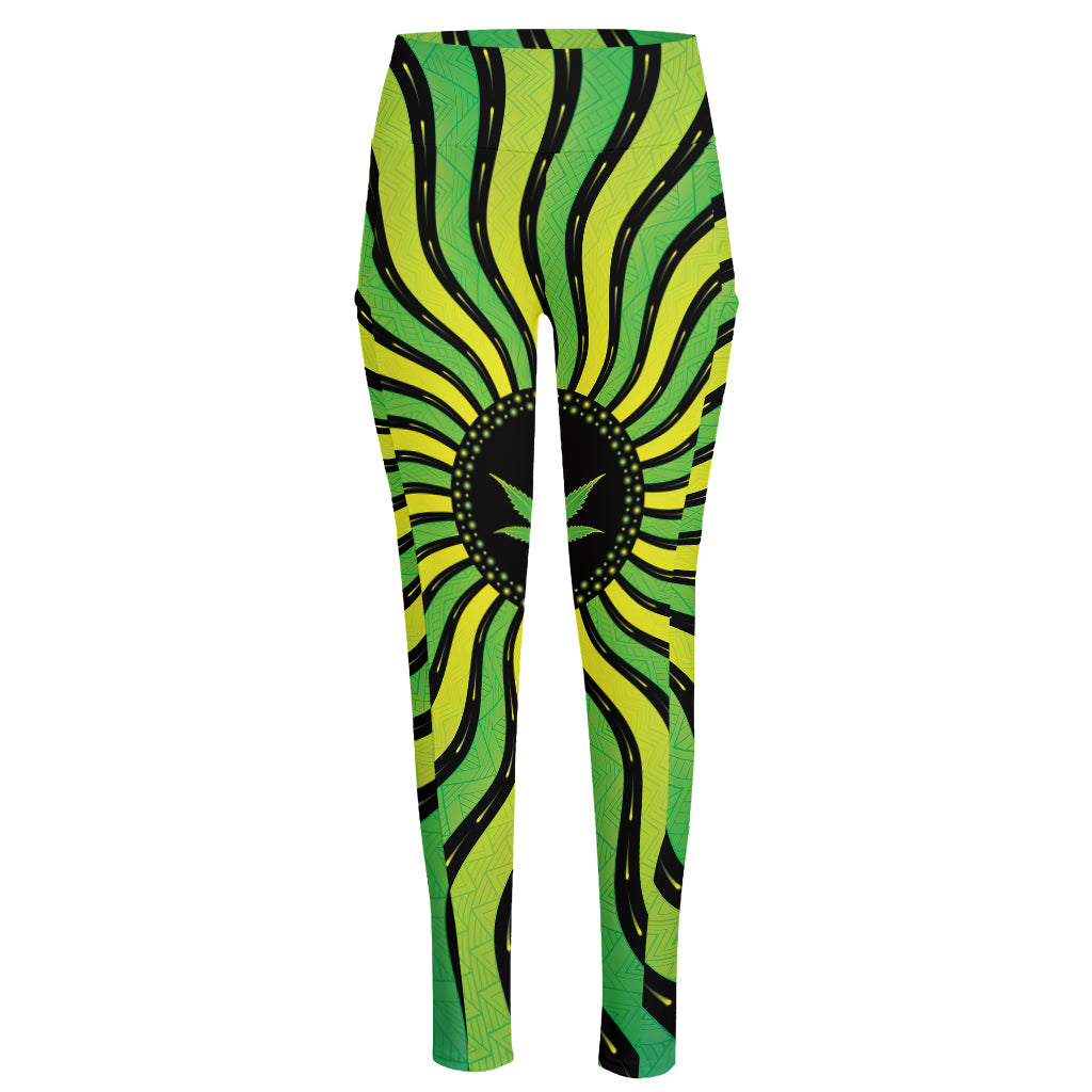 Psychedelic Cannabis Leaf Print High-Waisted Pocket Leggings