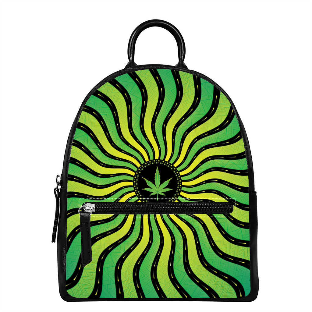 Psychedelic Cannabis Leaf Print Leather Backpack