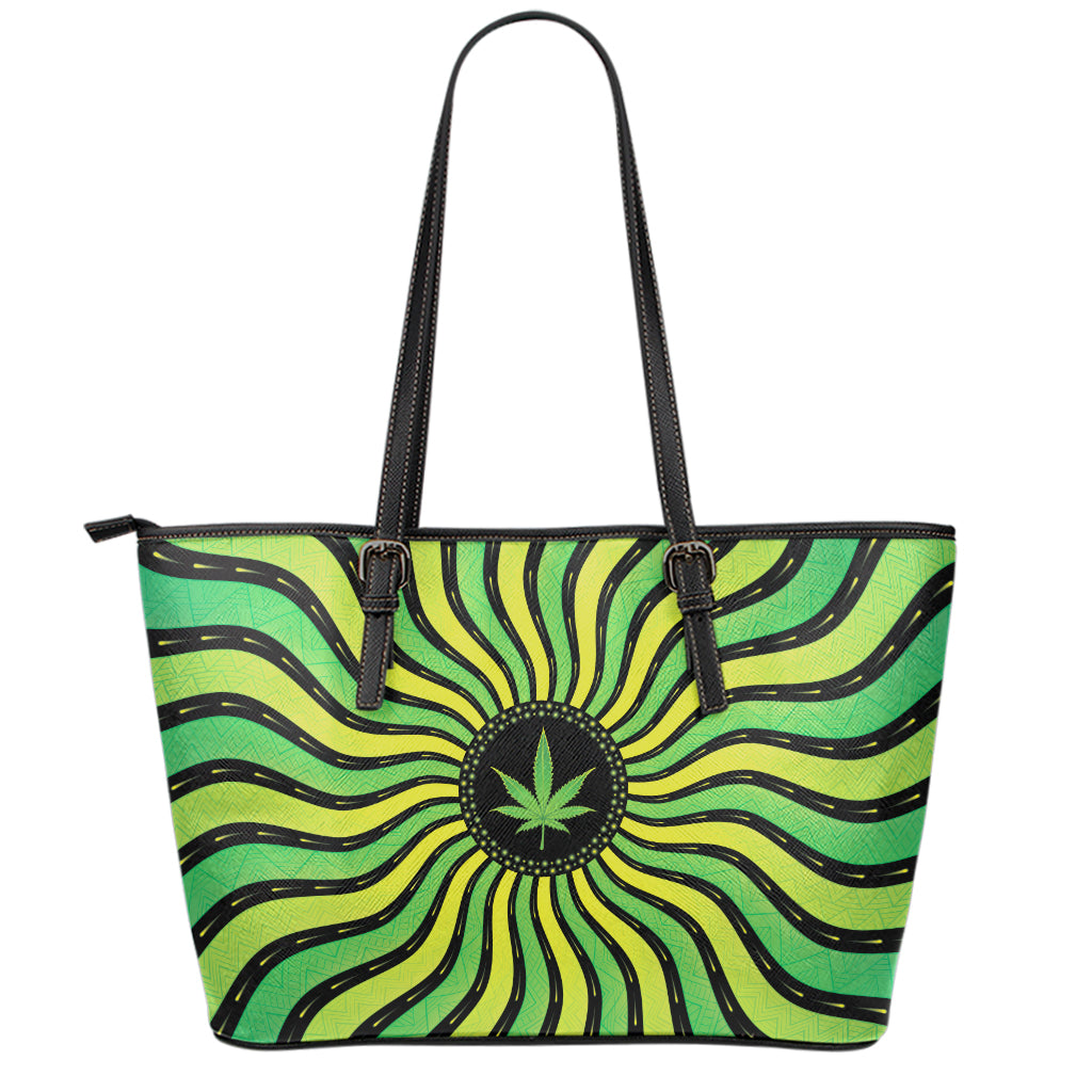 Psychedelic Cannabis Leaf Print Leather Tote Bag