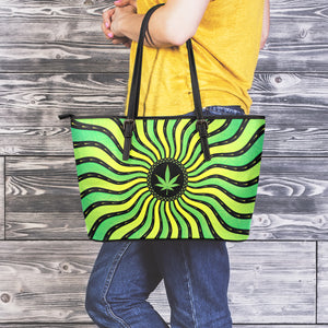 Psychedelic Cannabis Leaf Print Leather Tote Bag