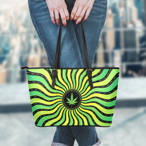 Psychedelic Cannabis Leaf Print Leather Tote Bag