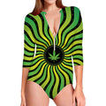 Psychedelic Cannabis Leaf Print Long Sleeve Swimsuit
