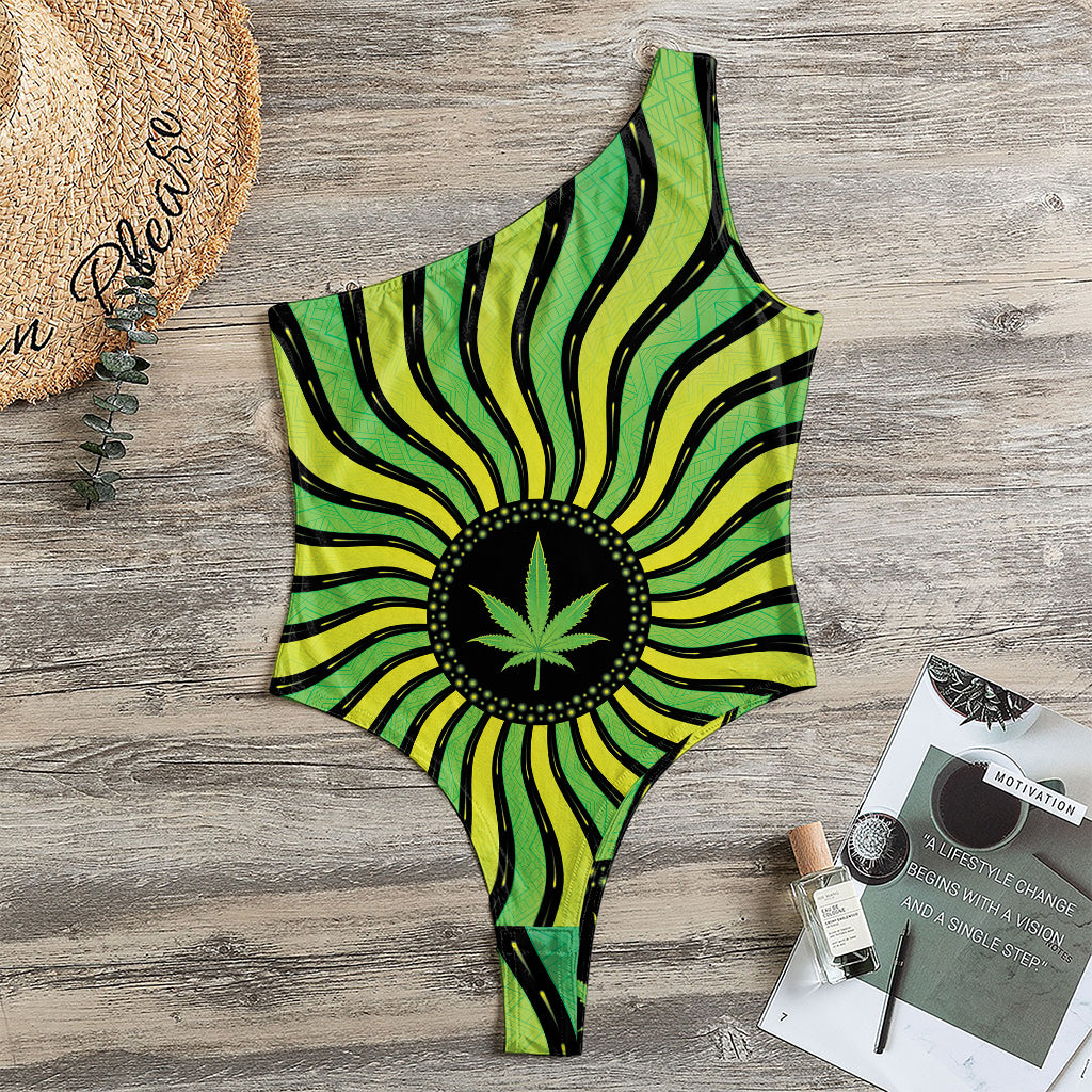 Psychedelic Cannabis Leaf Print One Shoulder Bodysuit