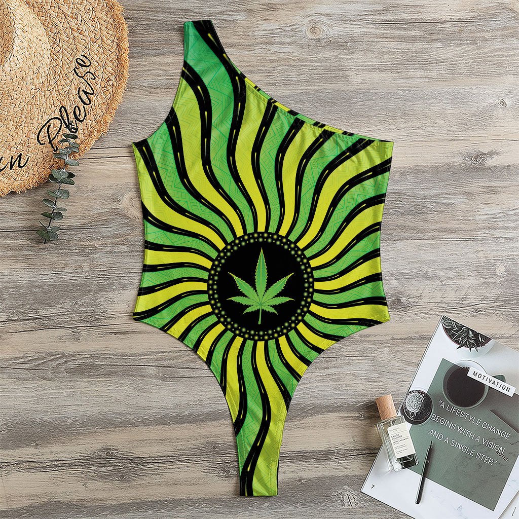 Psychedelic Cannabis Leaf Print One Shoulder Bodysuit