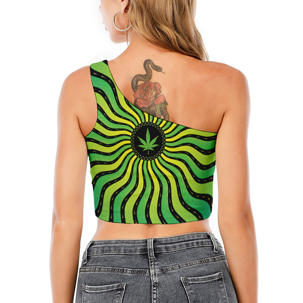 Psychedelic Cannabis Leaf Print One Shoulder Crop Top