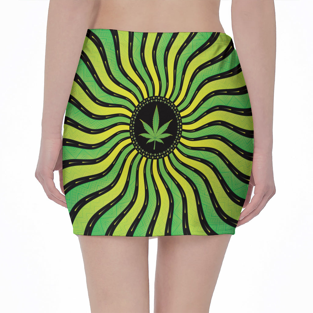 Psychedelic Cannabis Leaf Print Pencil Mini Skirt