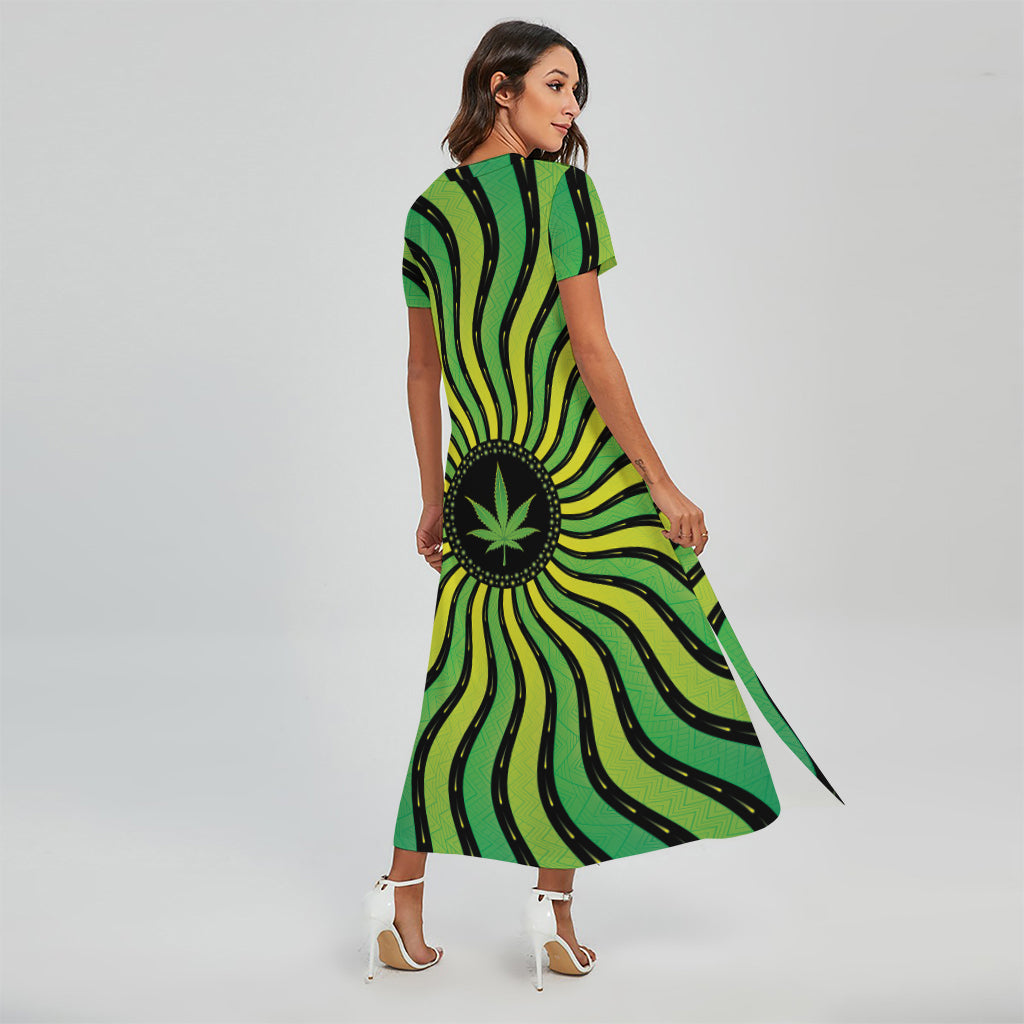 Psychedelic Cannabis Leaf Print Short Sleeve Maxi Dress