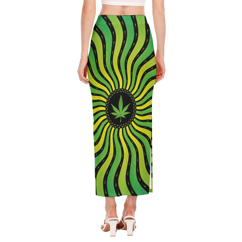 Psychedelic Cannabis Leaf Print Side Slit Maxi Skirt