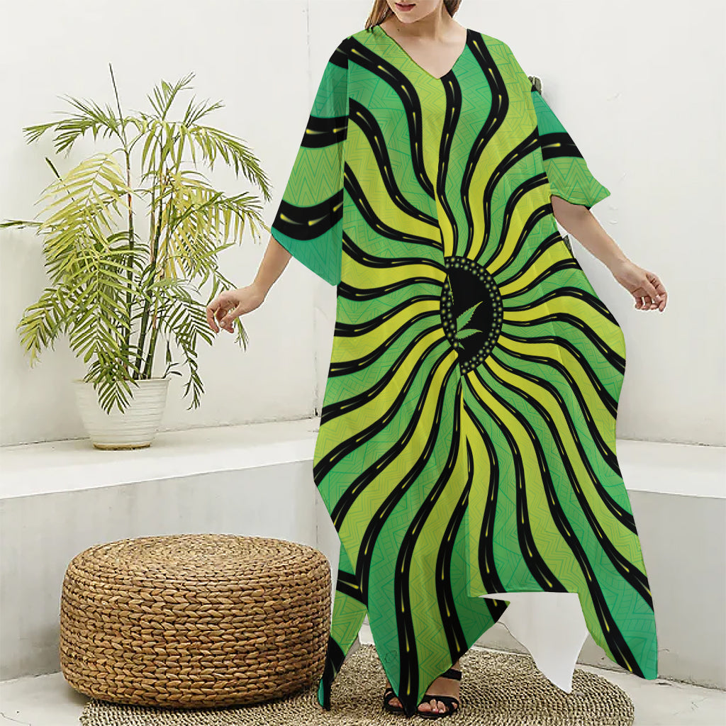 Psychedelic Cannabis Leaf Print Silk V-Neck Kaftan Dress