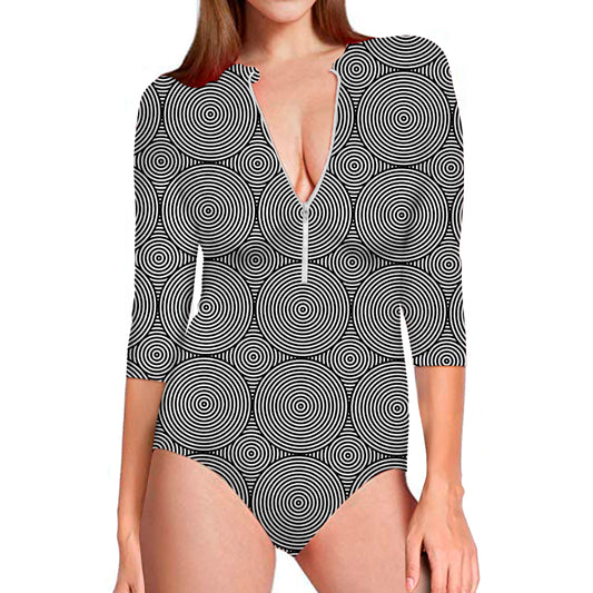 Psychedelic Circle Pattern Print Long Sleeve Swimsuit