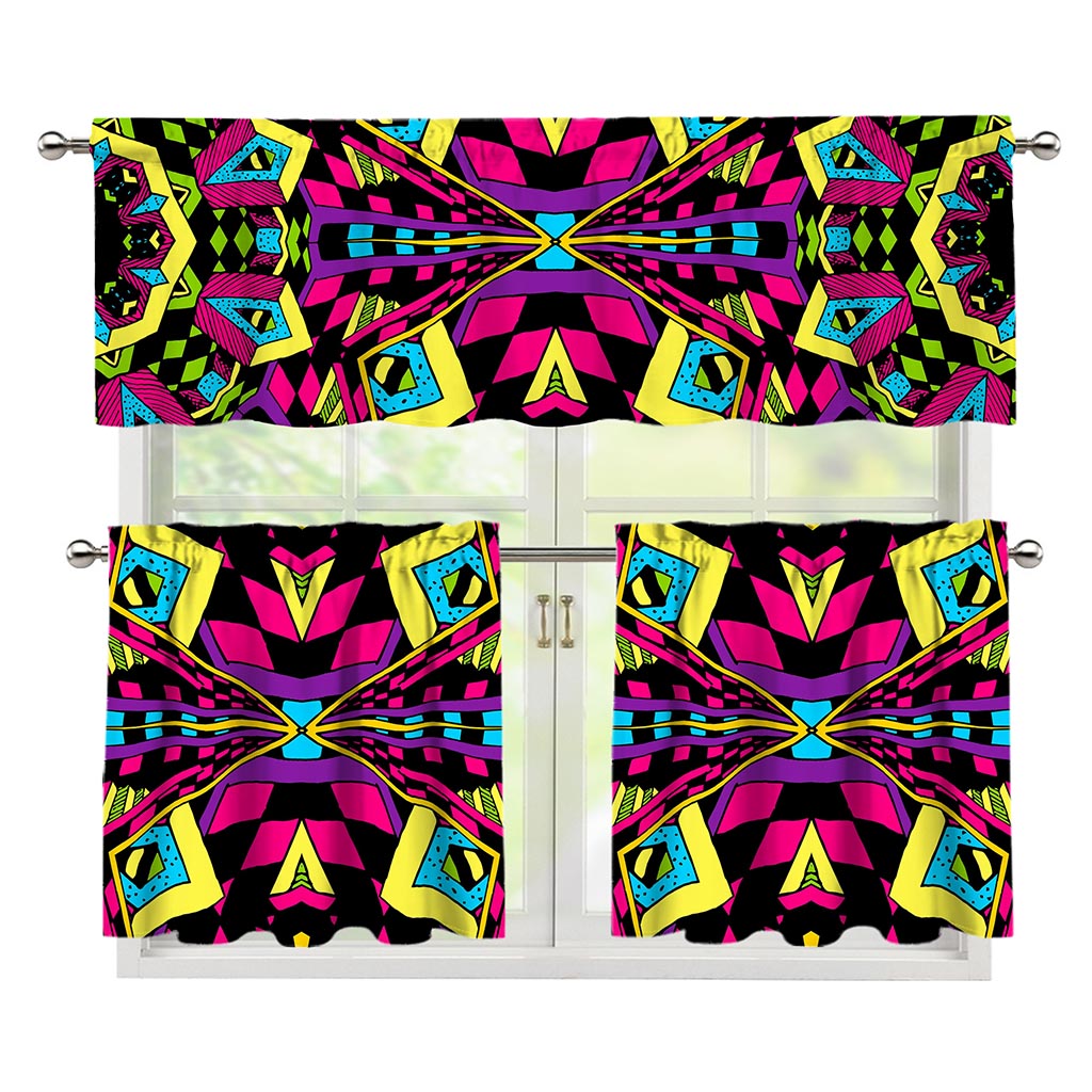 Psychedelic Ethnic Trippy Print 3 Piece Kitchen Curtains