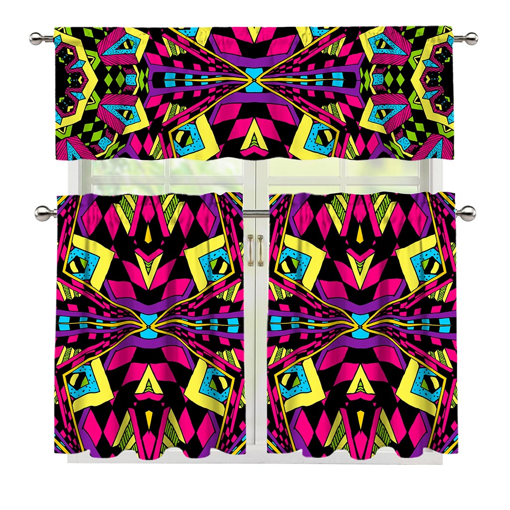 Psychedelic Ethnic Trippy Print 3 Piece Kitchen Curtains