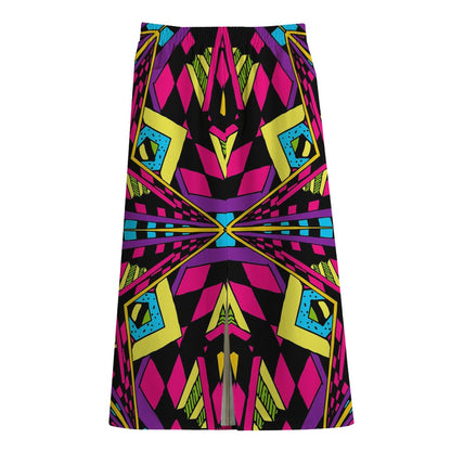 Psychedelic Ethnic Trippy Print Cotton Front Slit Maxi Skirt