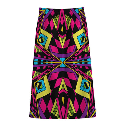 Psychedelic Ethnic Trippy Print Cotton Front Slit Maxi Skirt