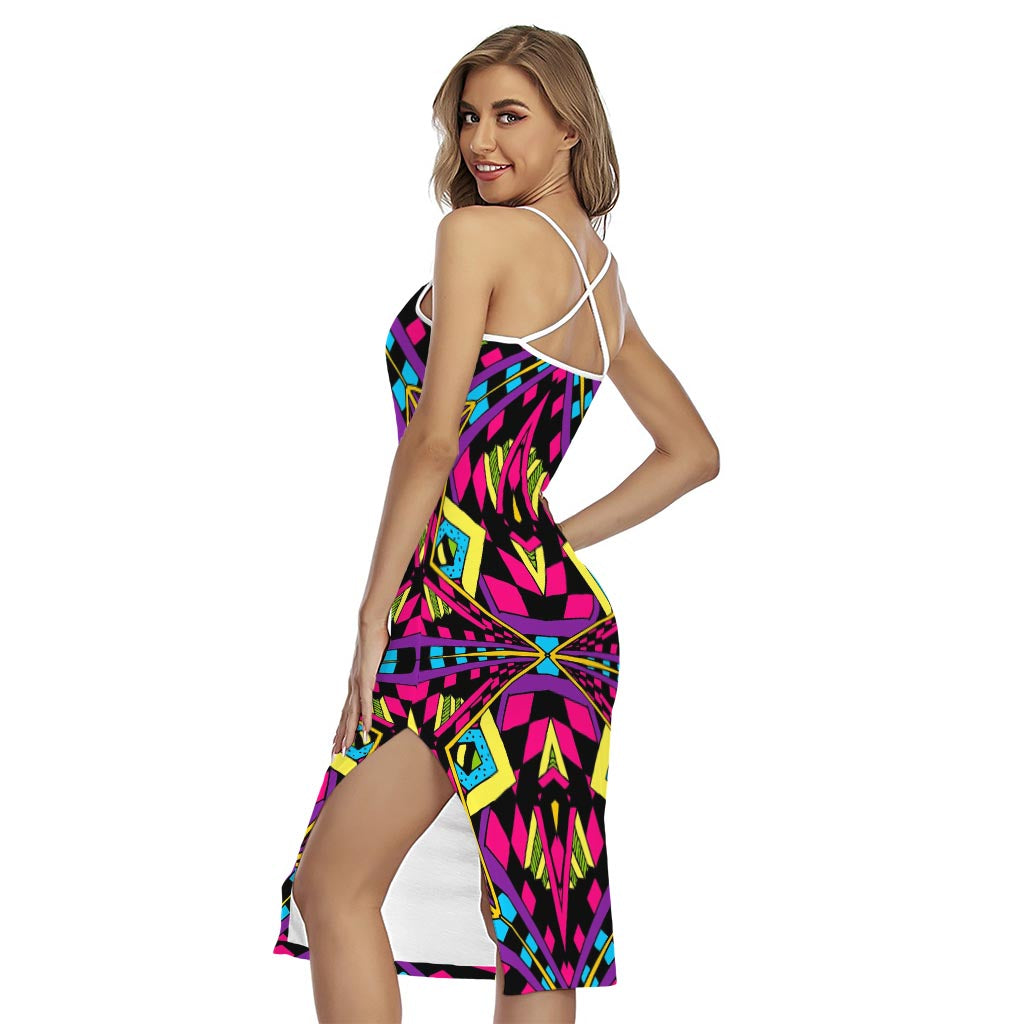 Psychedelic Ethnic Trippy Print Cross Back Cami Dress