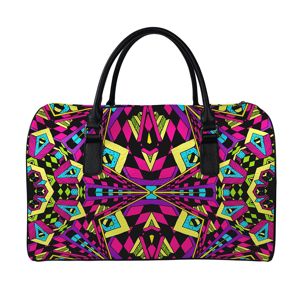 Psychedelic Ethnic Trippy Print Leather Duffle Bag