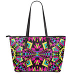 Psychedelic Ethnic Trippy Print Leather Tote Bag