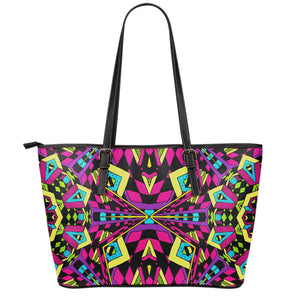 Psychedelic Ethnic Trippy Print Leather Tote Bag