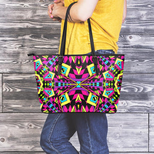 Psychedelic Ethnic Trippy Print Leather Tote Bag