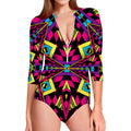 Psychedelic Ethnic Trippy Print Long Sleeve Swimsuit