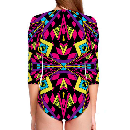 Psychedelic Ethnic Trippy Print Long Sleeve Swimsuit