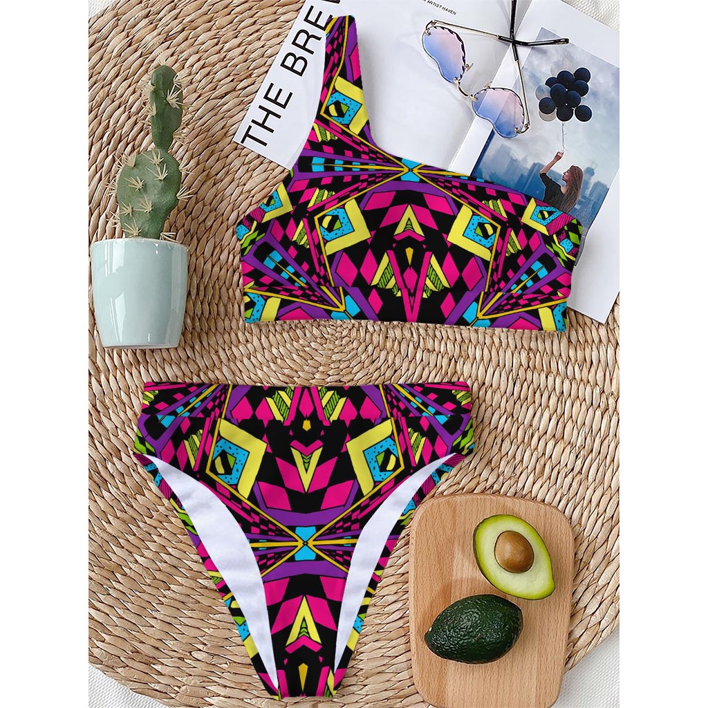 Psychedelic Ethnic Trippy Print One Shoulder Bikini Top
