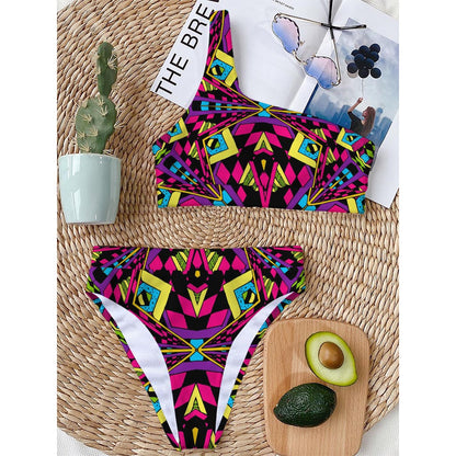 Psychedelic Ethnic Trippy Print One Shoulder Bikini Top
