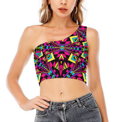 Psychedelic Ethnic Trippy Print One Shoulder Crop Top
