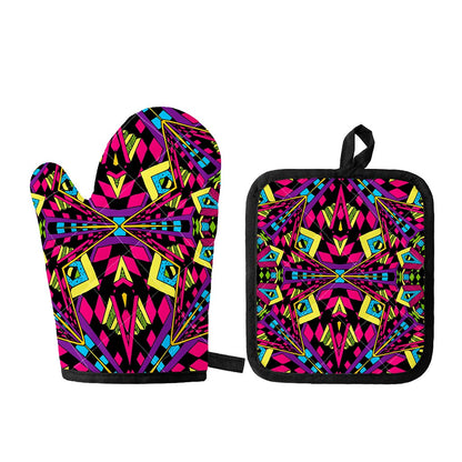 Psychedelic Ethnic Trippy Print Oven Mitt And Pot Holder Set