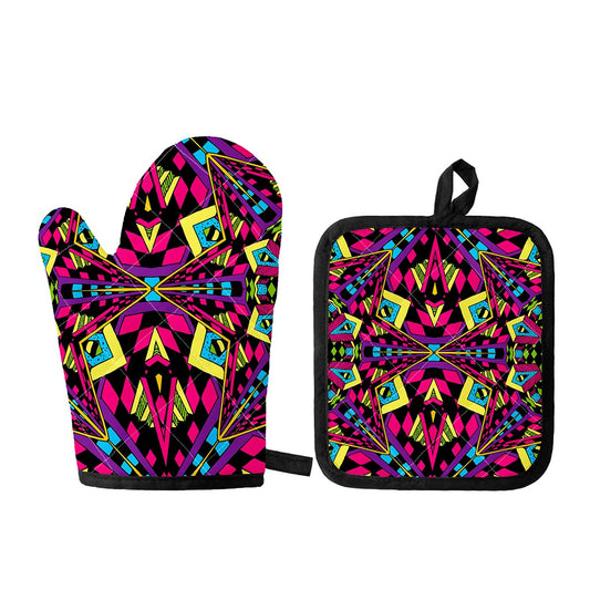 Psychedelic Ethnic Trippy Print Oven Mitt And Pot Holder Set