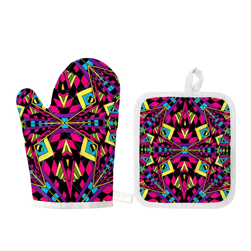 Psychedelic Ethnic Trippy Print Oven Mitt And Pot Holder Set