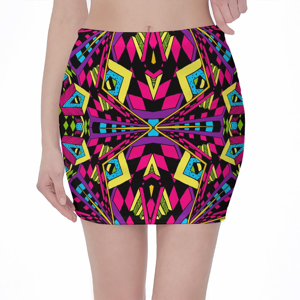 Psychedelic Ethnic Trippy Print Pencil Mini Skirt