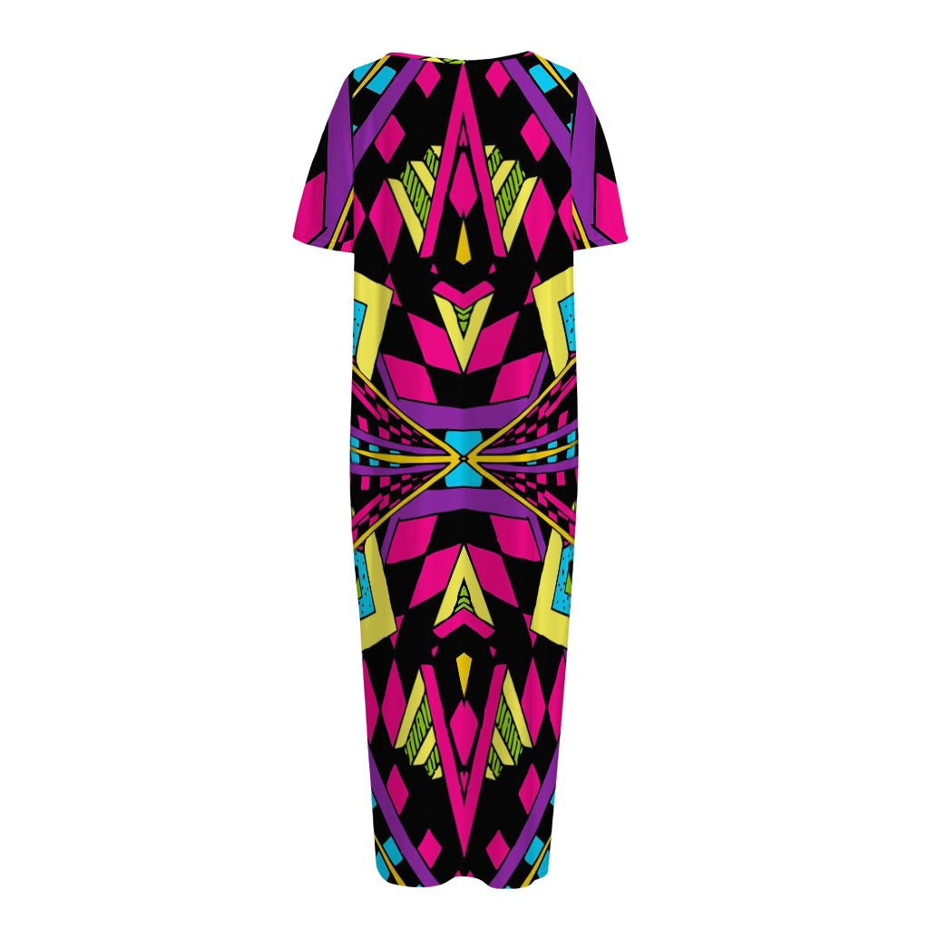 Psychedelic Ethnic Trippy Print Short Sleeve Long Nightdress