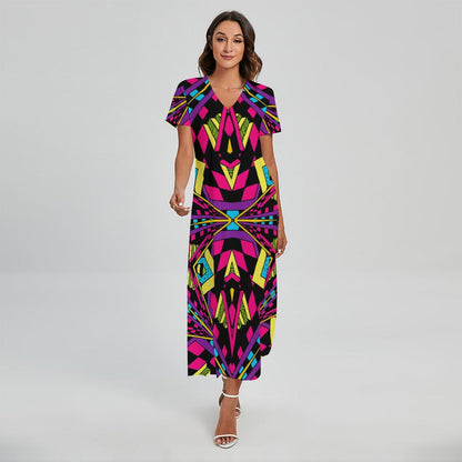 Psychedelic Ethnic Trippy Print Short Sleeve Maxi Dress