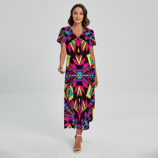 Psychedelic Ethnic Trippy Print Short Sleeve Maxi Dress