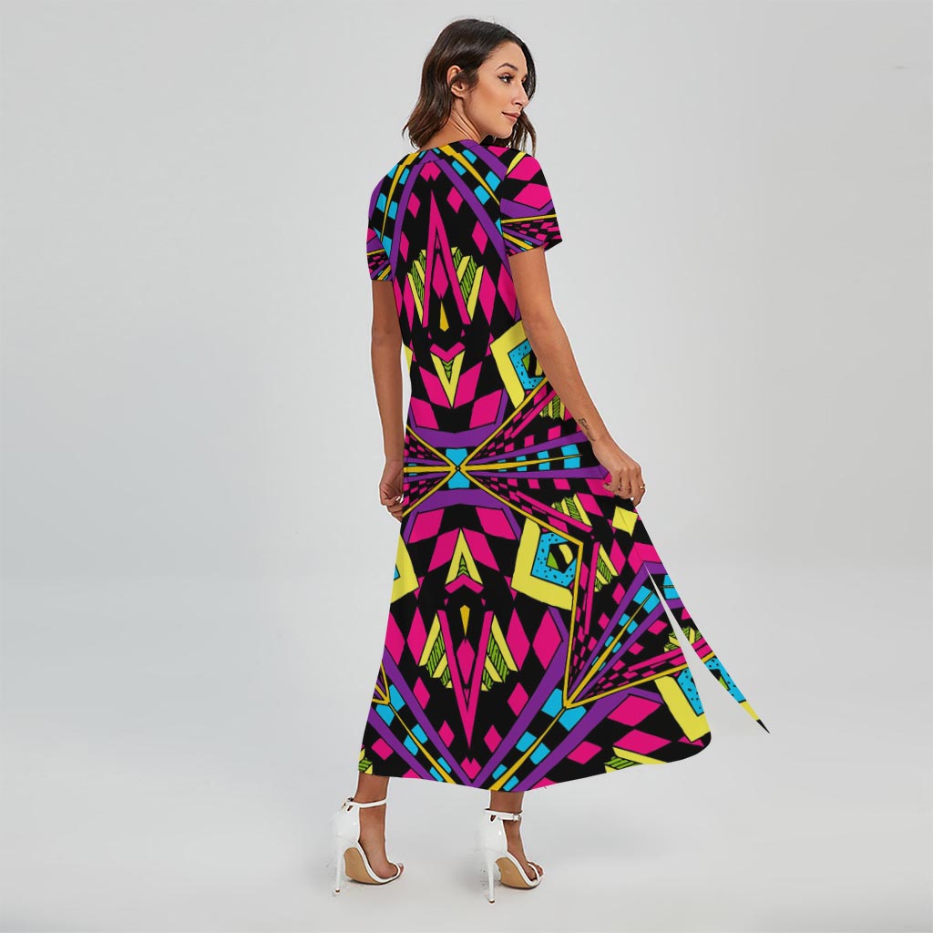 Psychedelic Ethnic Trippy Print Short Sleeve Maxi Dress