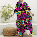 Psychedelic Ethnic Trippy Print Silk V-Neck Kaftan Dress