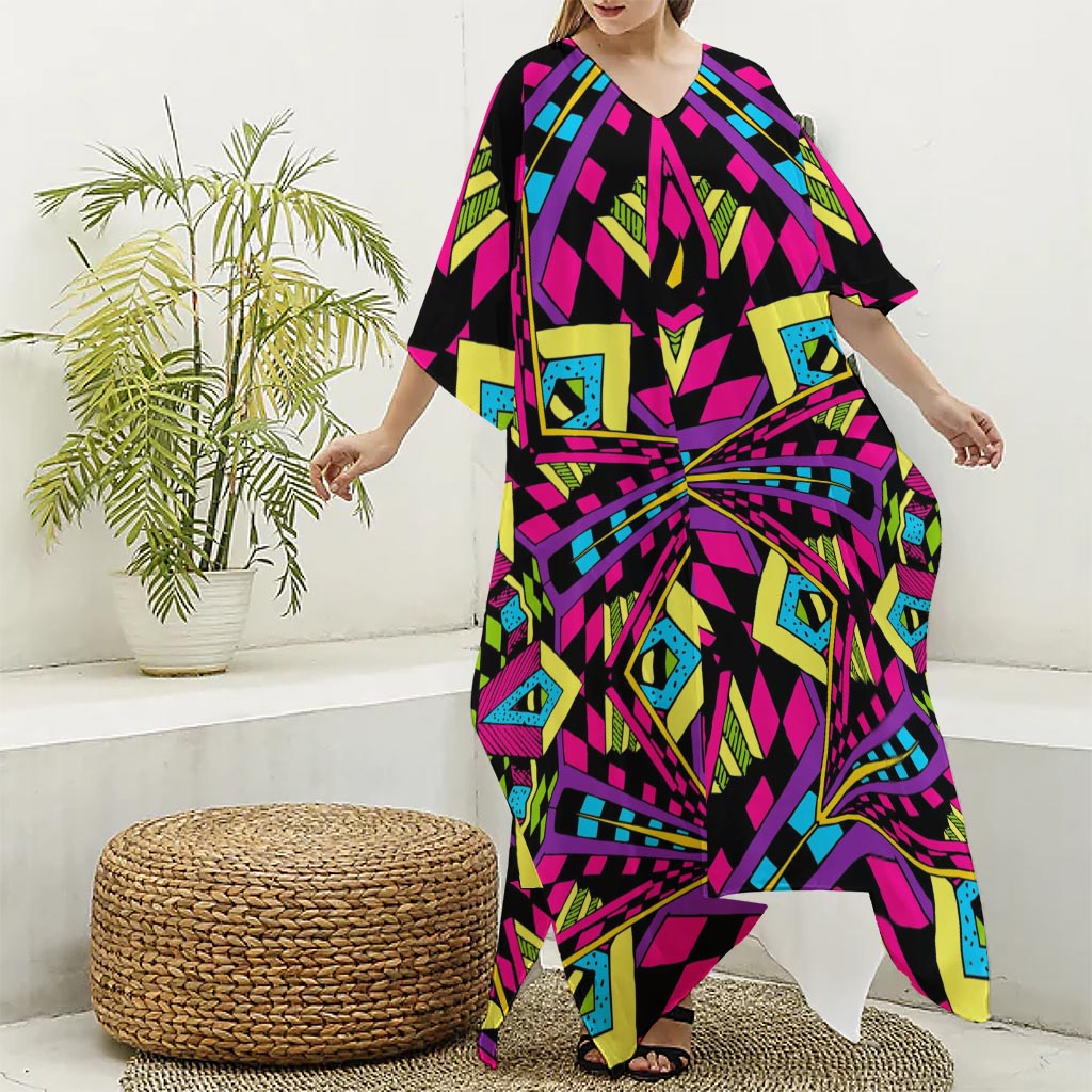 Psychedelic Ethnic Trippy Print Silk V-Neck Kaftan Dress