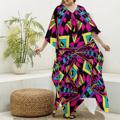 Psychedelic Ethnic Trippy Print Silk V-Neck Kaftan Dress