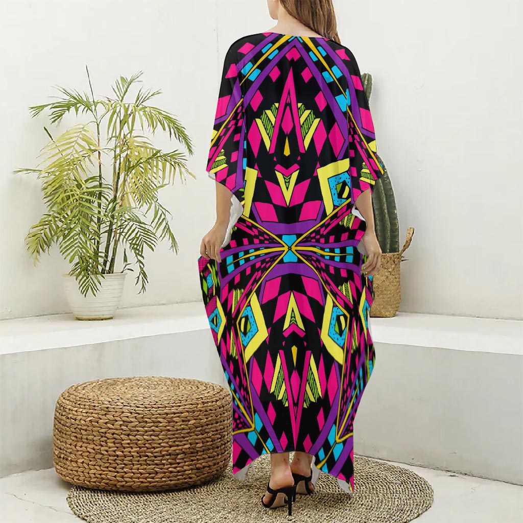 Psychedelic Ethnic Trippy Print Silk V-Neck Kaftan Dress