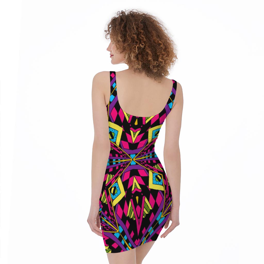 Psychedelic Ethnic Trippy Print Sleeveless Bodycon Dress