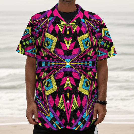 Psychedelic Ethnic Trippy Print Textured Short Sleeve Shirt
