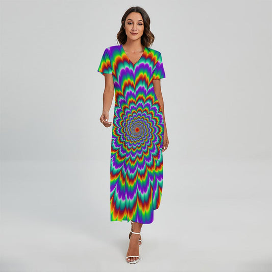 Psychedelic Expansion Optical Illusion Short Sleeve Maxi Dress