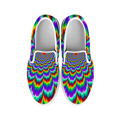 Psychedelic Expansion Optical Illusion White Slip On Sneakers