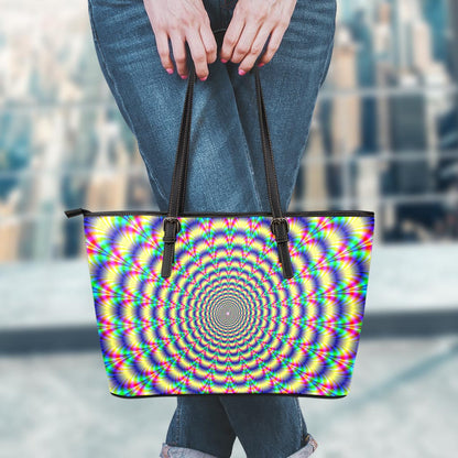 Psychedelic Explosion Optical Illusion Leather Tote Bag