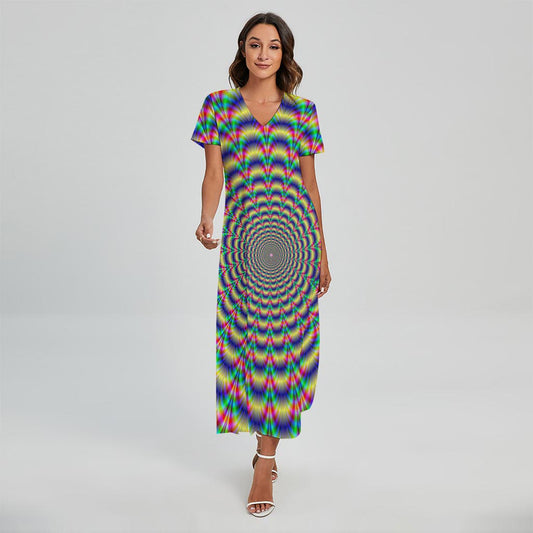 Psychedelic Explosion Optical Illusion Short Sleeve Maxi Dress