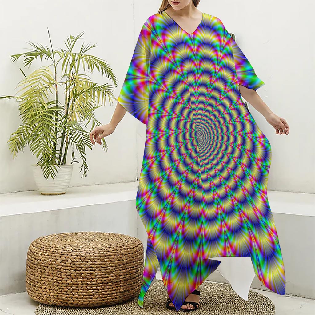 Psychedelic Explosion Optical Illusion Silk V-Neck Kaftan Dress